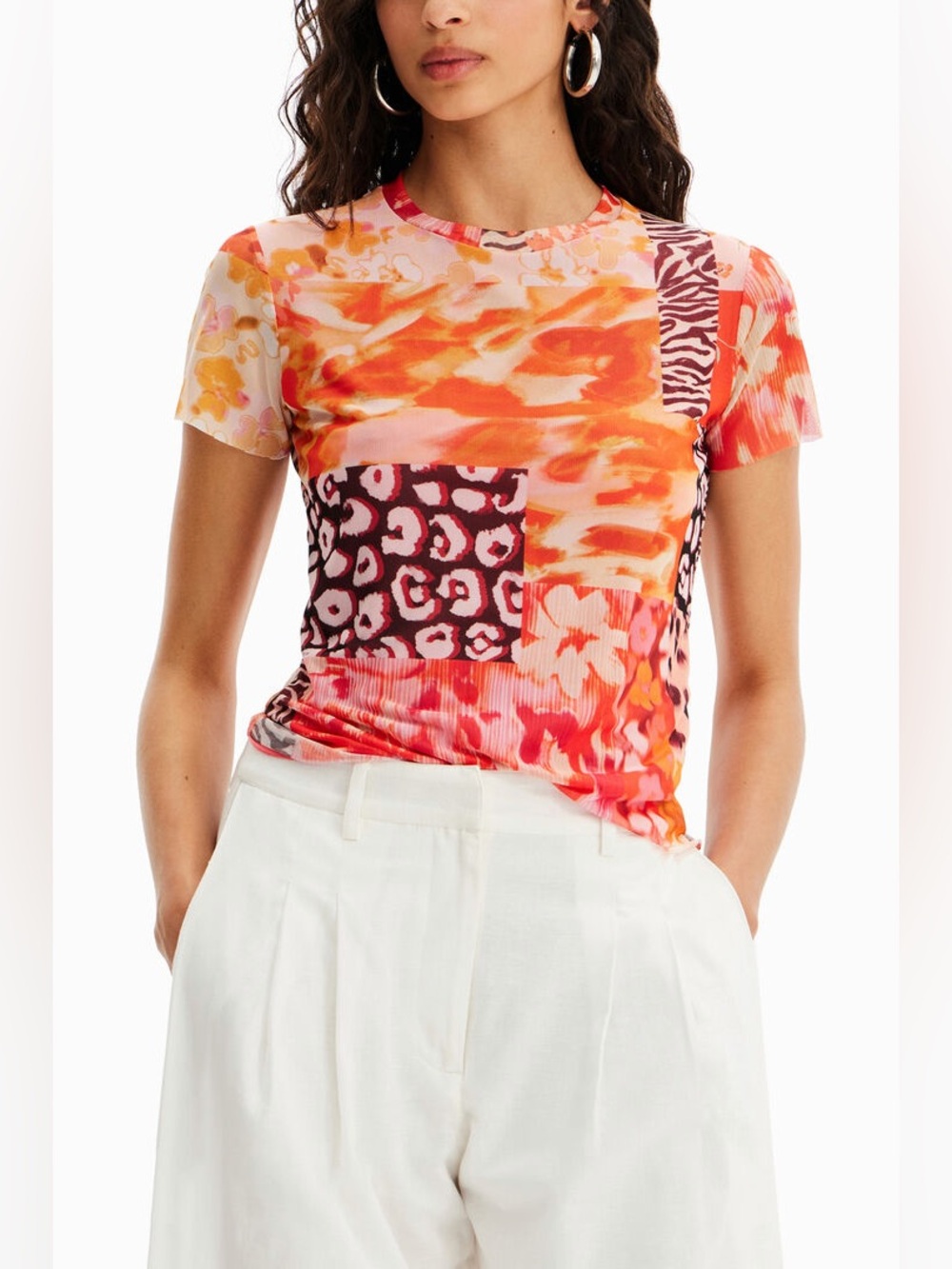 Desigual Tulle Mesh Short Sleeve Crewneck Top Shirt Size Small *476